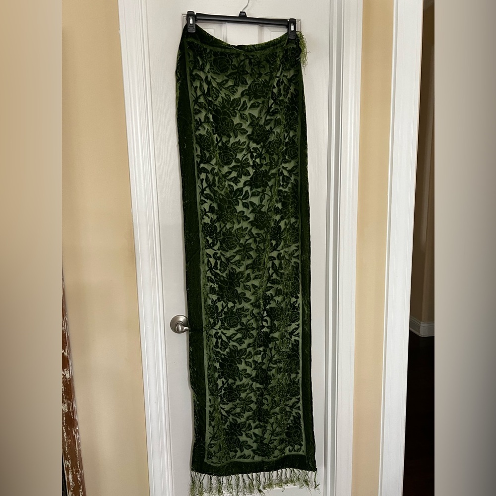 Burnout, Floral Crushed Velvet Olive Green Oblong Scarf/Shawl with Silk Fringe.